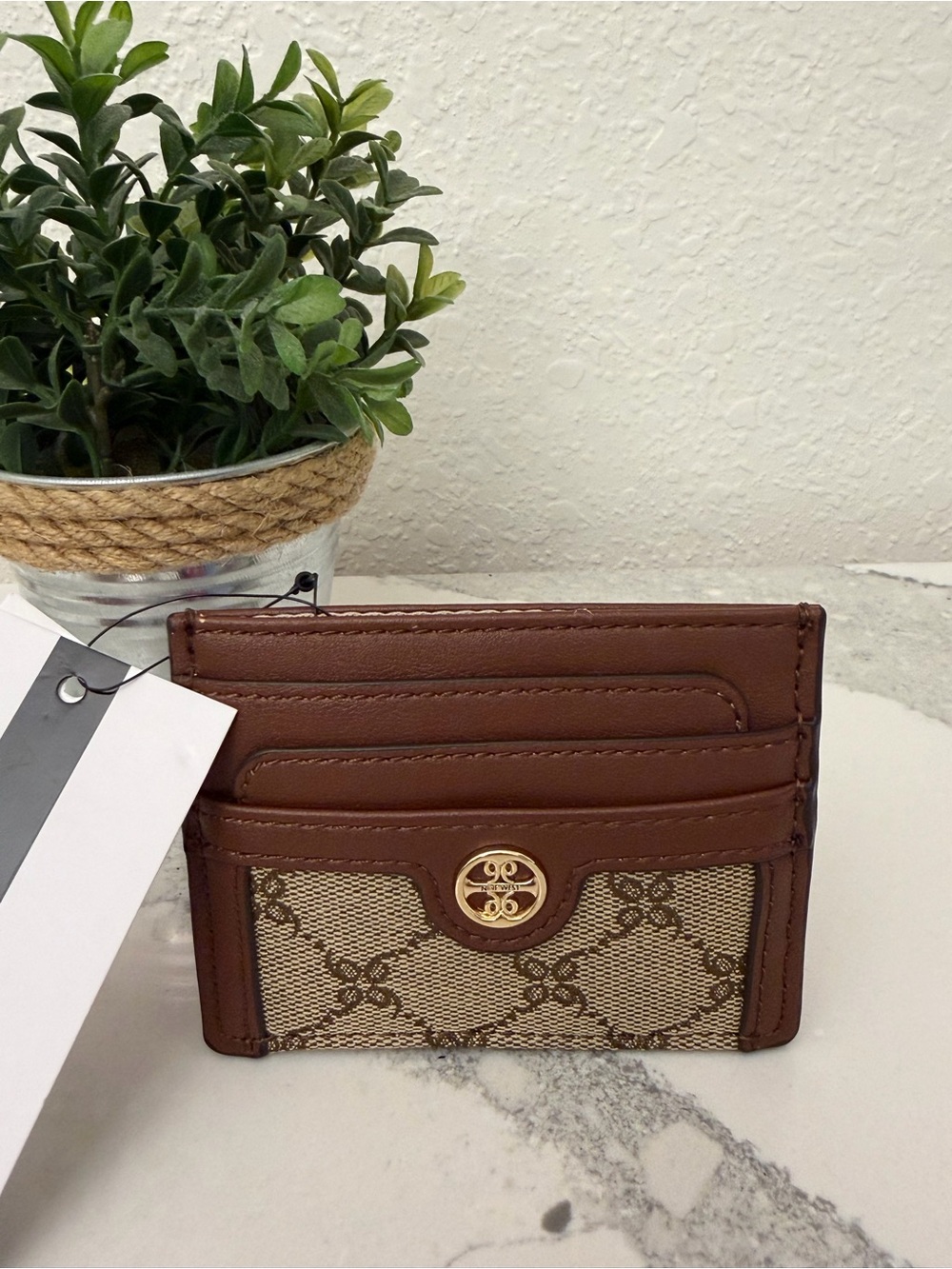 NINE WEST Brown Monogram Card Holder with Gold Accent NWT